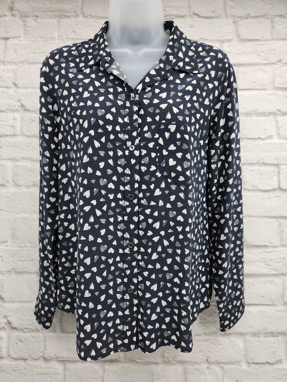 Rails Kate Black Corazon Heart Print 100% Silk Button Front Blouse Small